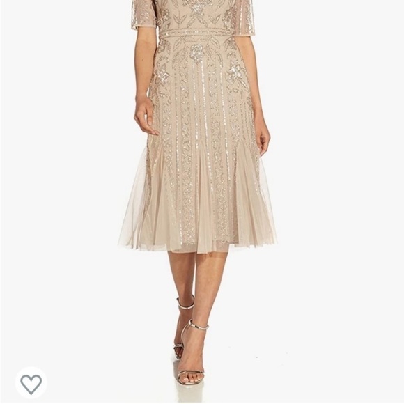 Adrianna Papell Illusion Beaded Mesh Boat Neck Short Sleeve Dress in Biscotti - Picture 8 of 9